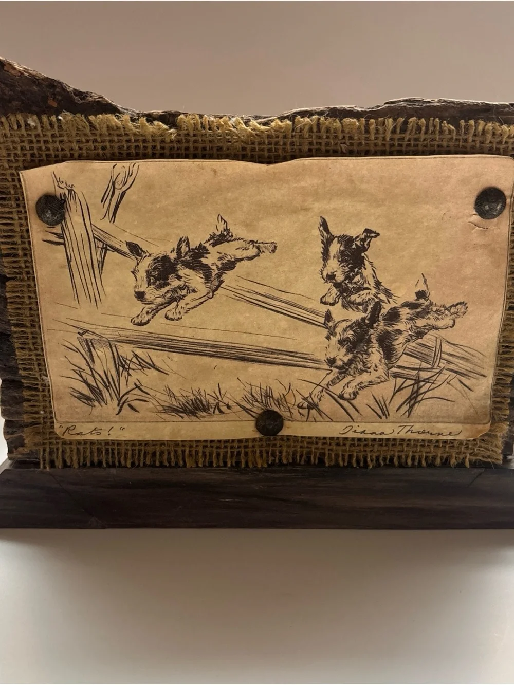 Diane Thorne “Rats” Distressed Art - wood stand burlap